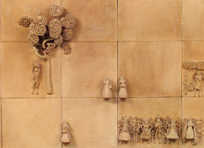 Ceramica a rilievo - 95x230 cm (pannello di formelle 33x33 cm ciascuna) - Ronchi dei Legionari, Filiale della Cassa di Risparmio del Friuli Venezia Giulia